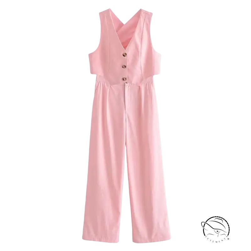 Pink sleeveless button-down jumpsuit in elegant French style fabric for sophisticated look