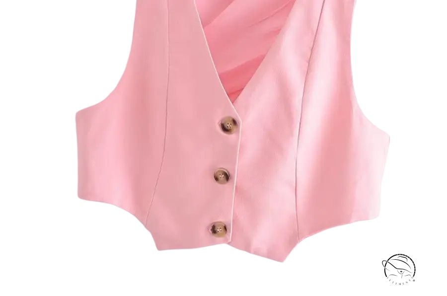 Pink buttoned vest in elegant French style sleeveless V-Neck polyester fashion