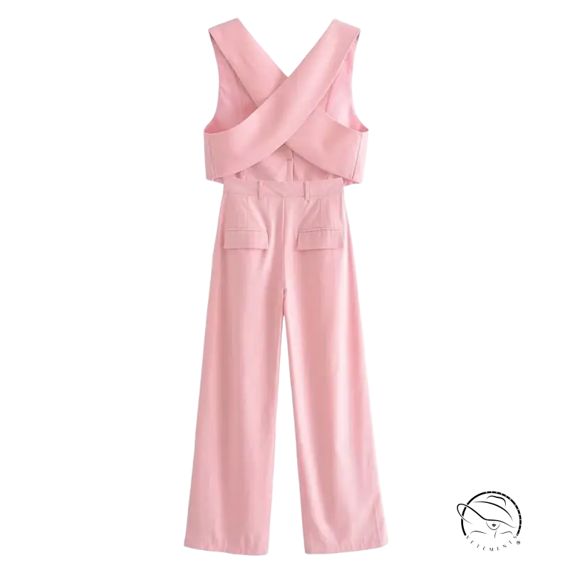Pink sleeveless jumpsuit in elegant French style with V-neck design made of polyester