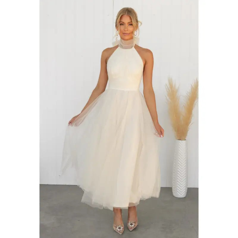 Cream-colored halter neck tulle dress from Elegant Halter Evening Dress in Mesh and Lace