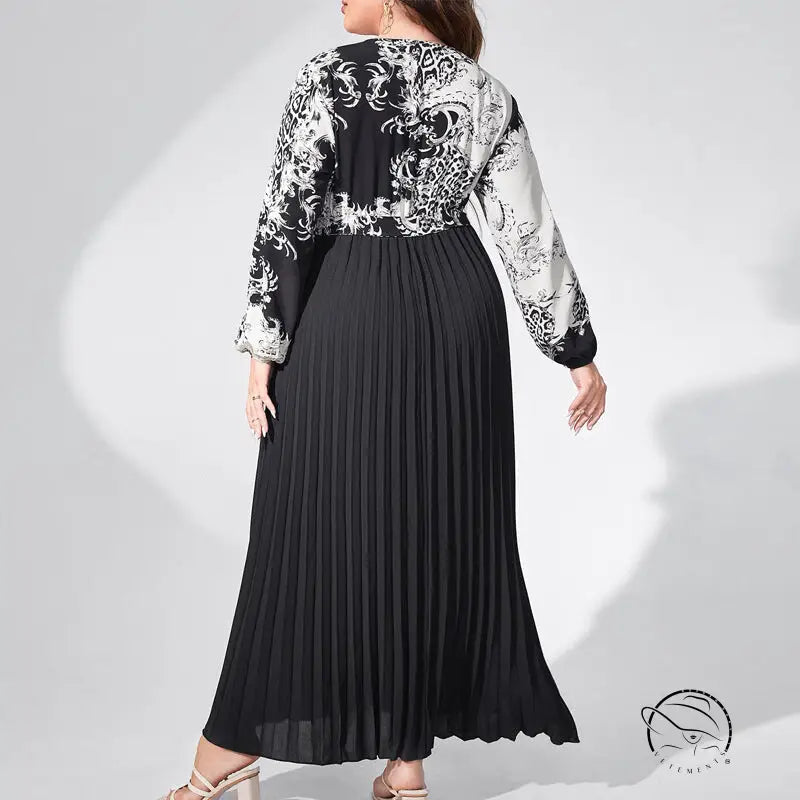 Elegant high waist maxi dress in long black pleated skirt with patterned top