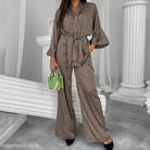 Brown patterned two-piece pantsuit featuring ice silk trousers, ideal as a nightgown pajama set