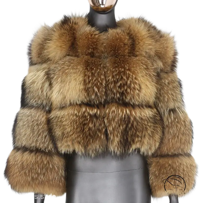 Elegant imitation raccoon fur coat with brown fox jacket and fluffy collar