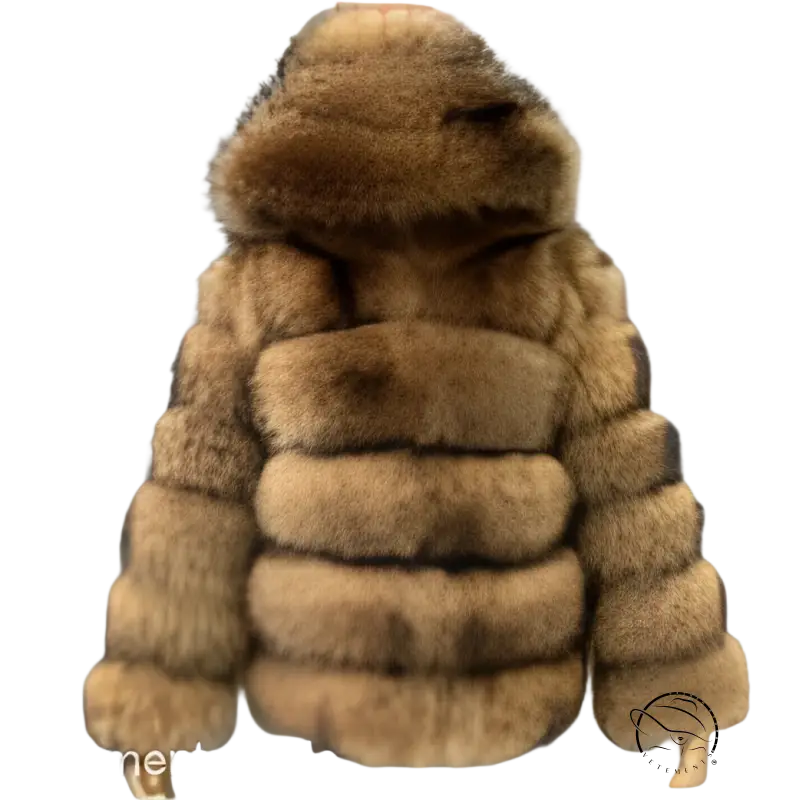 Elegant imitation raccoon fur coat in plush tan with hood and ribbed panels