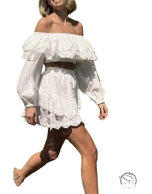 White off-shoulder jacquard ultra short high waist crop top with puffy sleeves