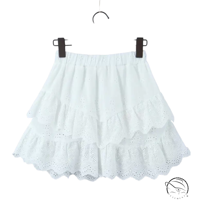 White tiered eyelet lace skirt with jacquard ultra short high waist
