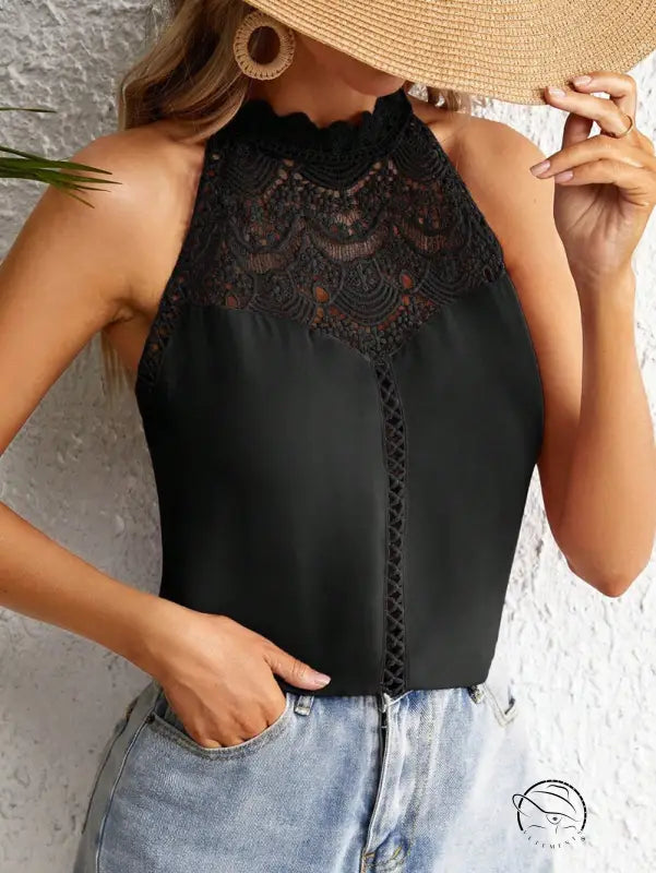 Elegant lace gas black sleeveless top with lace detailing at the neckline in Leather Red Corset
