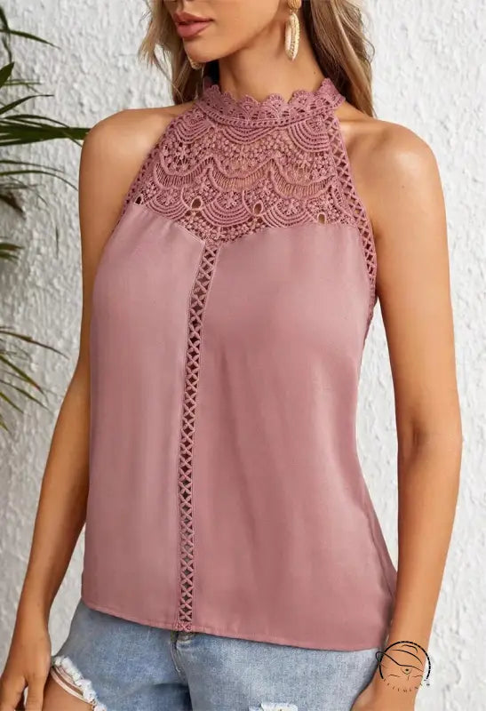 Sleeveless pink blouse with intricate lace detailing, part of Leather Red Corset collection, free shipping available