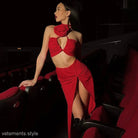 Red two-piece dress with floral decorative lace and lace wrapped chest detailing