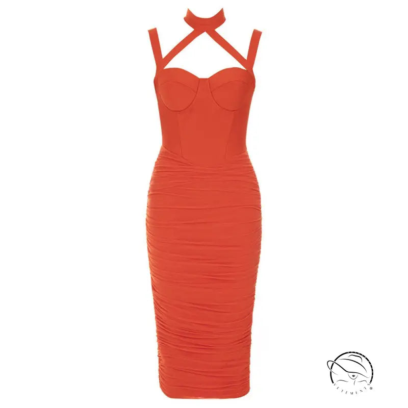 Elegant light blue bandage dress with orange ruched crisscross straps
