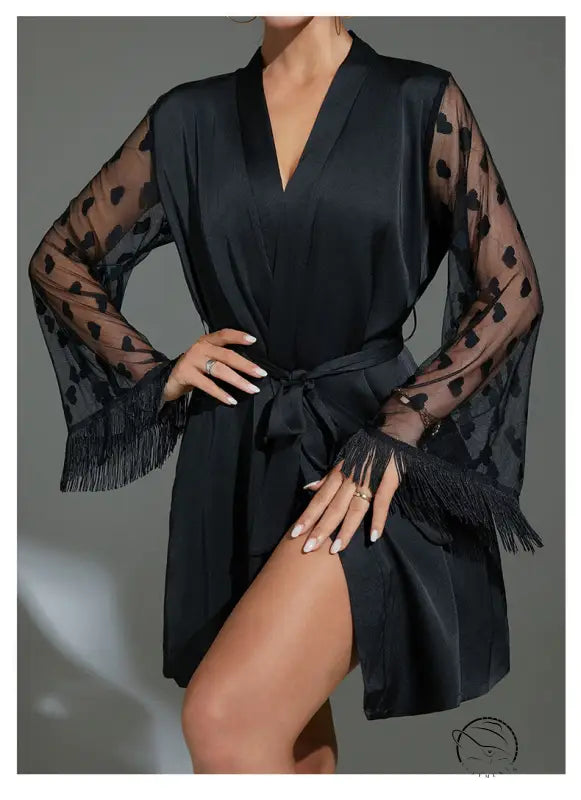Black satin ice silk robe with sheer heart-patterned sleeves and fringed cuffs