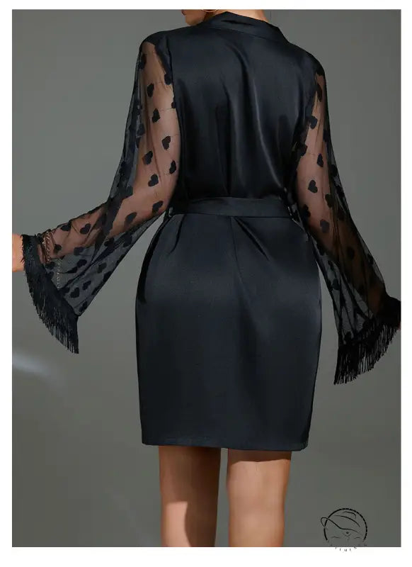 Black satin ice silk robe with sheer heart-patterned long sleeves and fringed cuffs