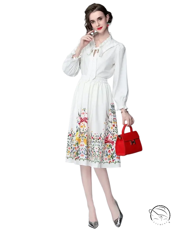 Elegant long sleeve two piece set with white floral countryside dress