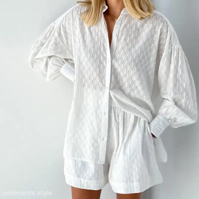 Elegant Loose Cotton Top for Office Suit with matching shorts in a white textured design