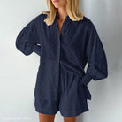 Navy blue two-piece shorts office suit featuring an elegant design for spring and fall