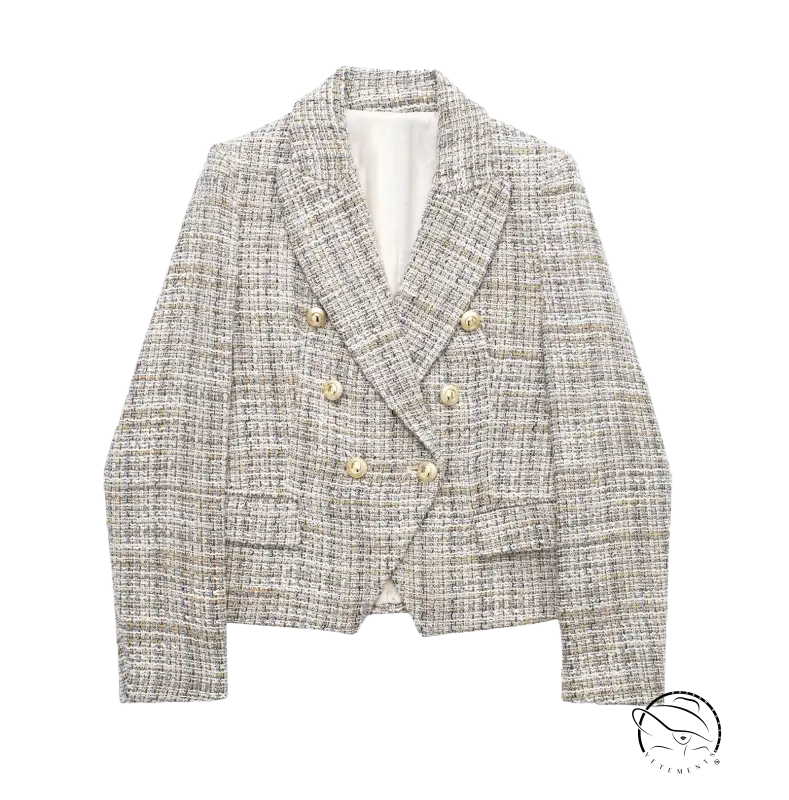 Elegant Loose Houndstooth Blazer featuring double breasted gold buttons and gray pattern