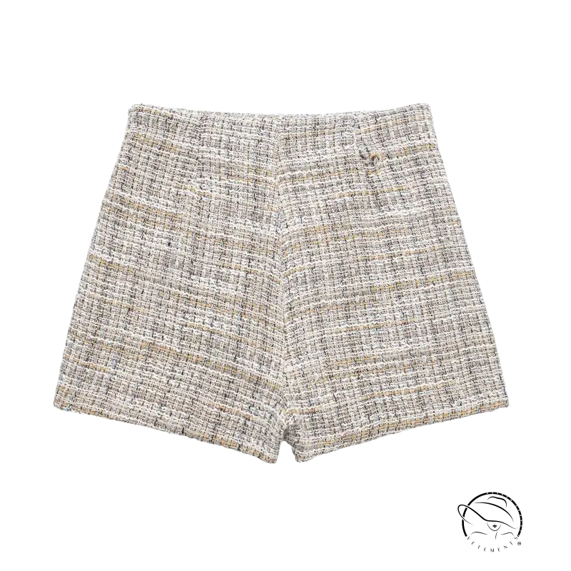 Light beige and white tweed-textured shorts paired with a Loose Houndstooth Blazer