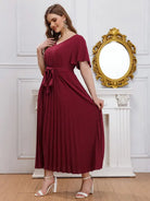 Elegant loose pleated maroon V-neck maxi dress with tie-waist and short sleeves