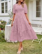 Elegant Maxi Dress with Pleated Puff Sleeve and Cutout Detail in pink tiered midi style