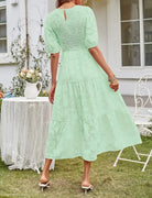 Elegant Mint Green Tiered Midi Dress with Pleated Puff Sleeve and Cutout Detail