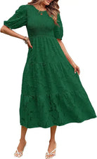 Green Elegant Maxi Dress with Pleated Puff Sleeve and Cutout Detail for stylish appeal