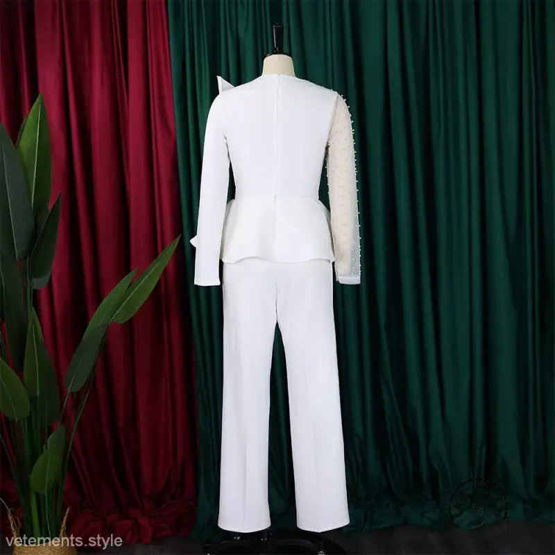 White asymmetrical fancy mesh beaded jumpsuit