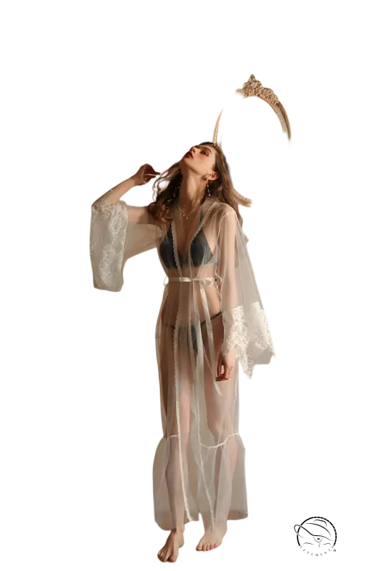 Elegant sheer white lace-trimmed robe in luxury nightdress