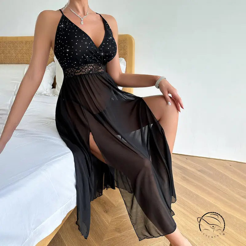 Elegant Mesh Solid Lace Slip Nightdress for All Seasons