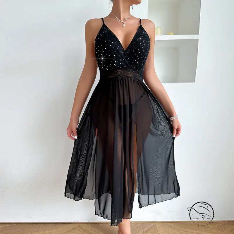 Elegant Mesh Solid Lace Slip Nightdress for All Seasons