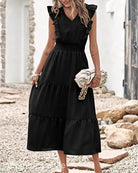 Elegant Navy Blue Waist Pleated Ruffle Midi Dress featuring a V-neckline and cap sleeves