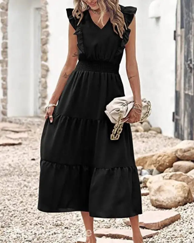 Elegant Navy Blue Waist Pleated Ruffle Midi Dress featuring a V-neckline and cap sleeves