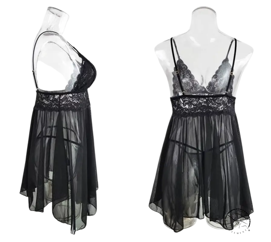 Elegant white nightwear suit with black lace and chiffon bra and panty set