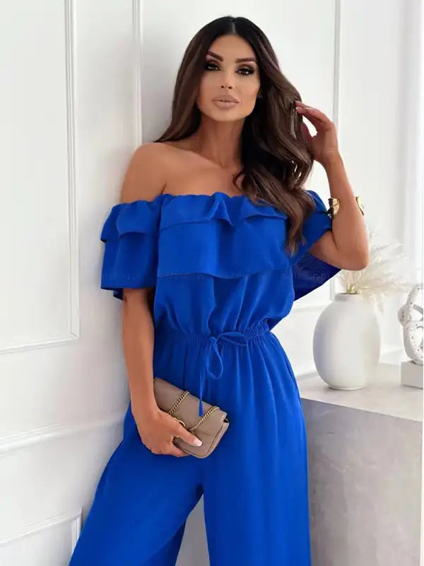 Blue off-the-shoulder jumpsuit from Elegant Off Shoulder Ruffle Jumpsuit collection with free shipping