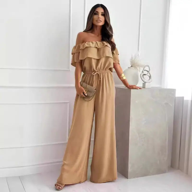 Beige off-the-shoulder ruffled jumpsuit from Elegant Off Shoulder Ruffle Jumpsuit, free shipping
