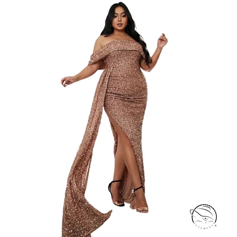 Elegant rose gold sequin off-shoulder wedding evening dress with slit and train