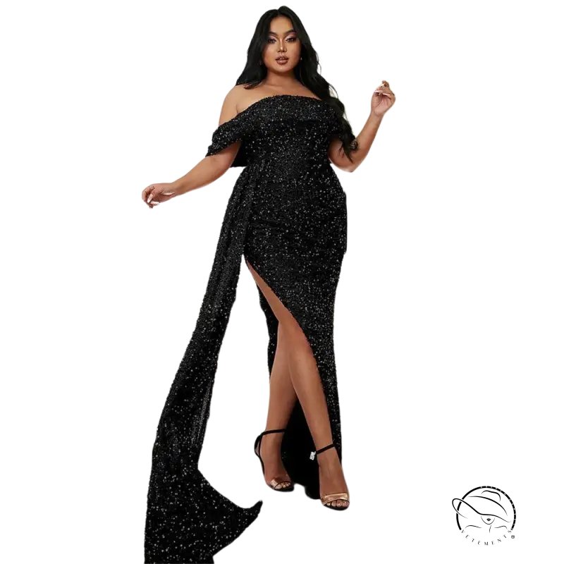 Elegant off-shoulder sequin maxi wedding evening dress with slit and train