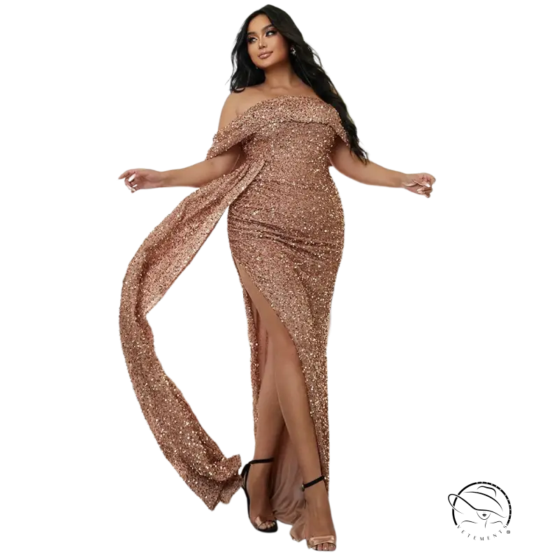 Elegant off-shoulder sequin maxi dress with high slit and train