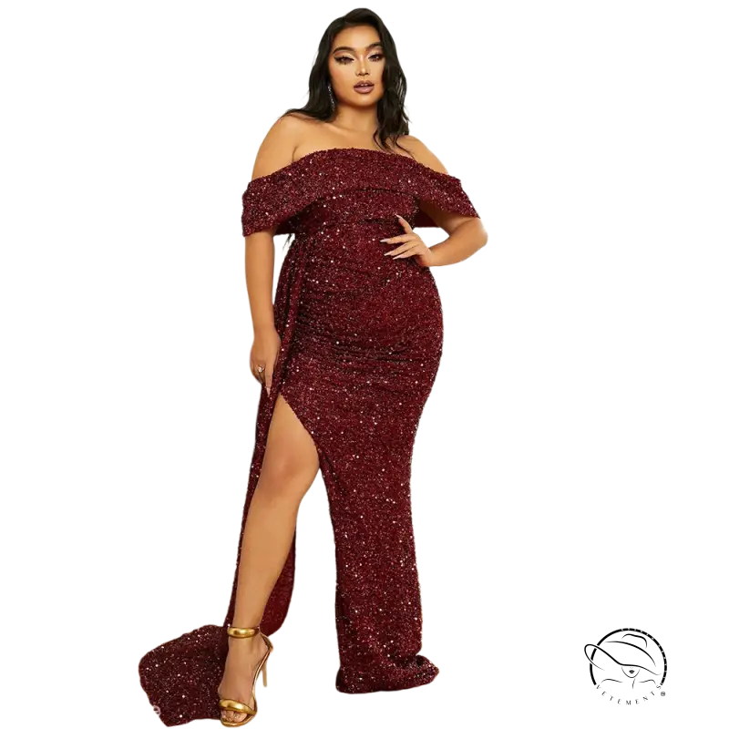 Sparkling burgundy elegant wedding evening dress with off-shoulder design and high slit