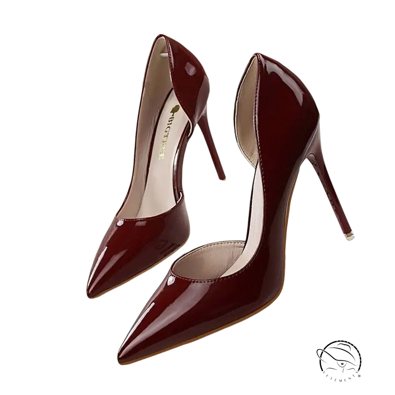 Burgundy patent leather office high heels with pointed toe stiletto