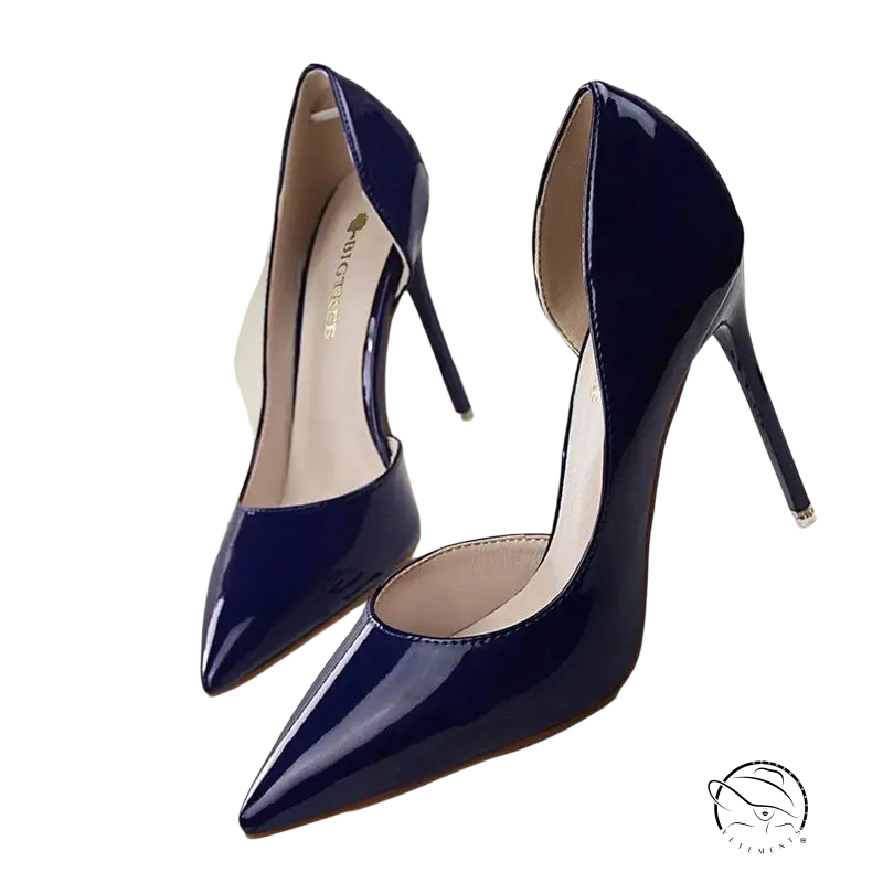 Navy blue patent leather office high heels with pointed toe and stiletto heel