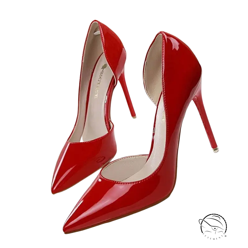 Bright red patent leather office high heels with pointed toe stiletto