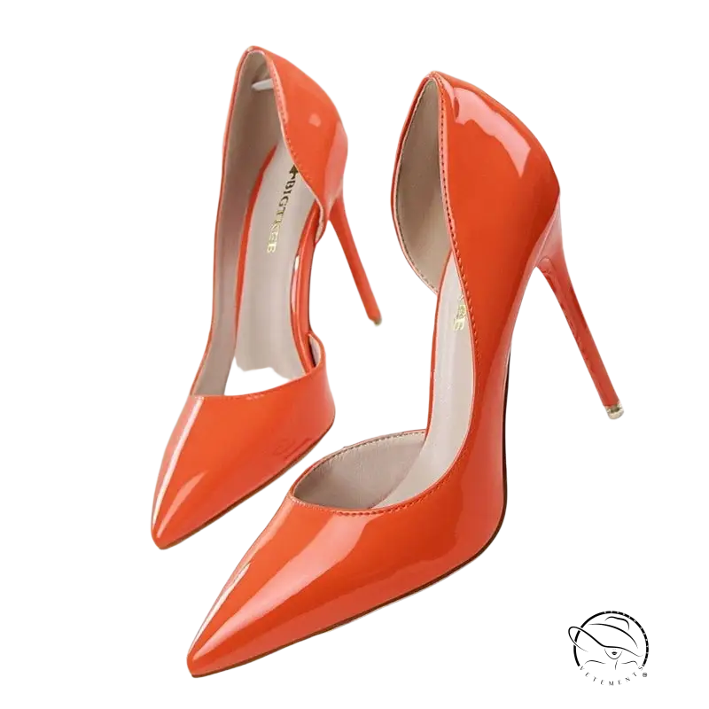 Bright orange patent leather office high heels with pointed toe and stiletto heel