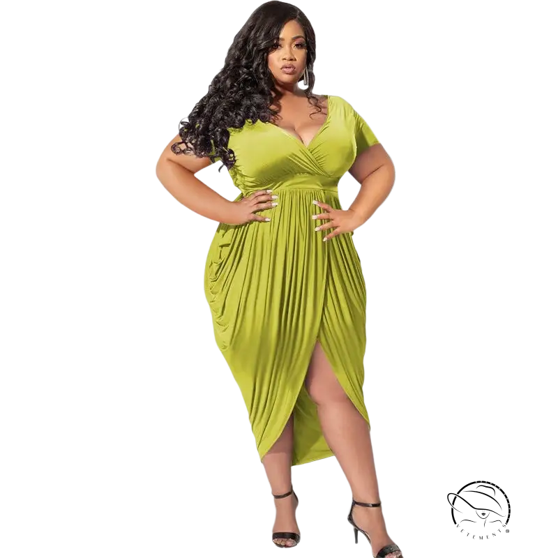 Lime green plunge sexy dress with draped skirt and belted asymmetrical detail