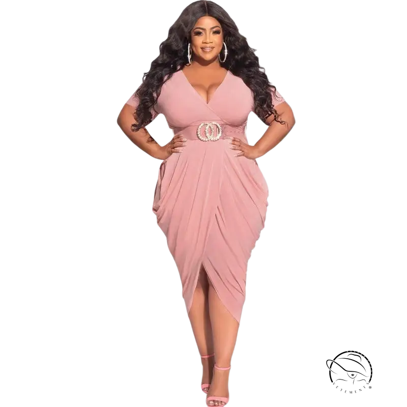 Woman in plunge sexy dress with belted waist and draped asymmetrical skirt