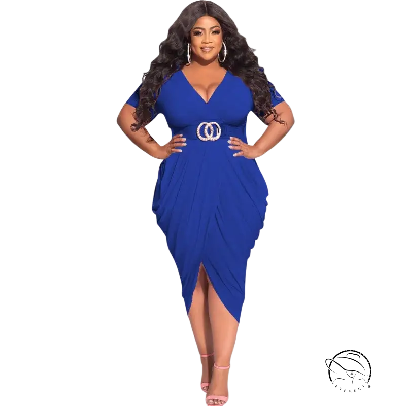 Woman in sexy tight split plunge dress with asymmetrical belted design