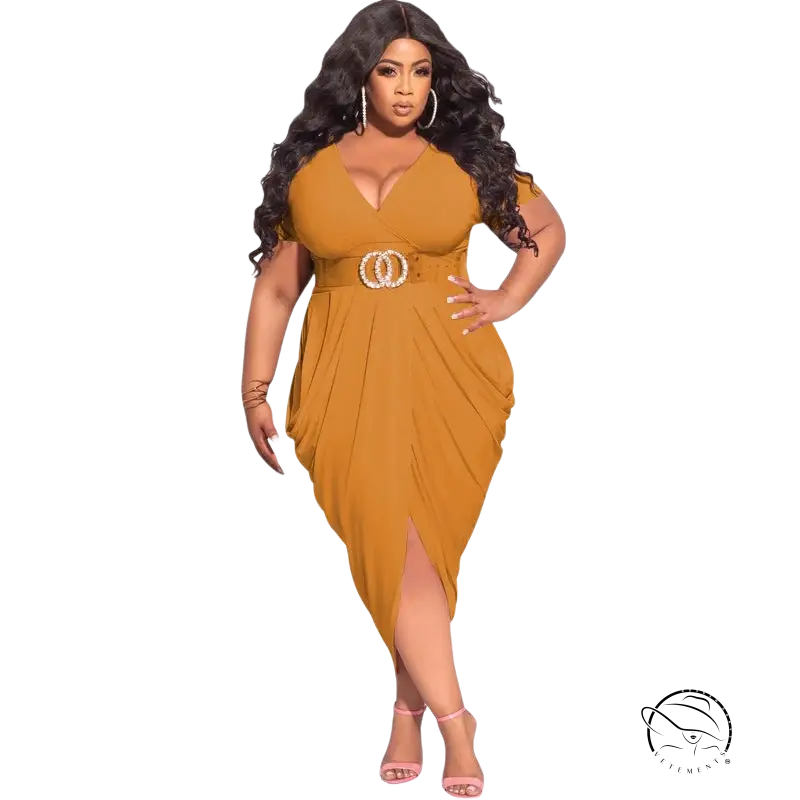 Curvaceous woman in sexy tight split plunge dress with belted waist