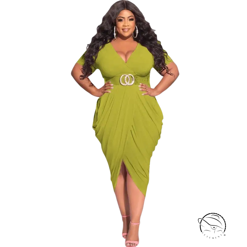 Woman in sexy plunge dress with belted waist and asymmetrical tight split