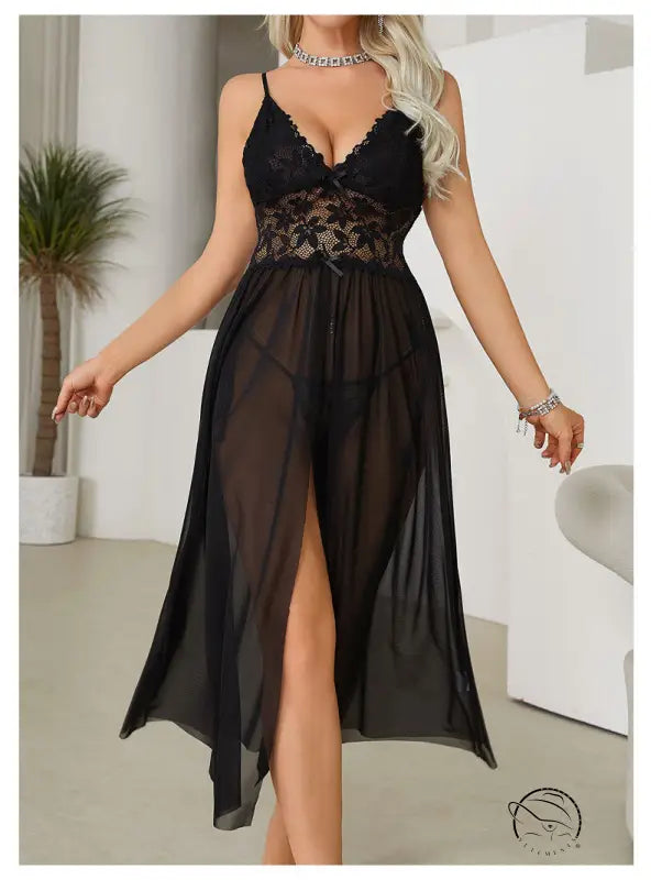 Elegant black sexy mesh lace nightdress with high slit and bow