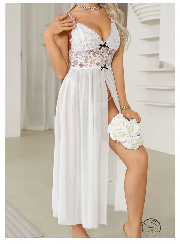 Elegant white sexy mesh lace nightdress with high slit and bow