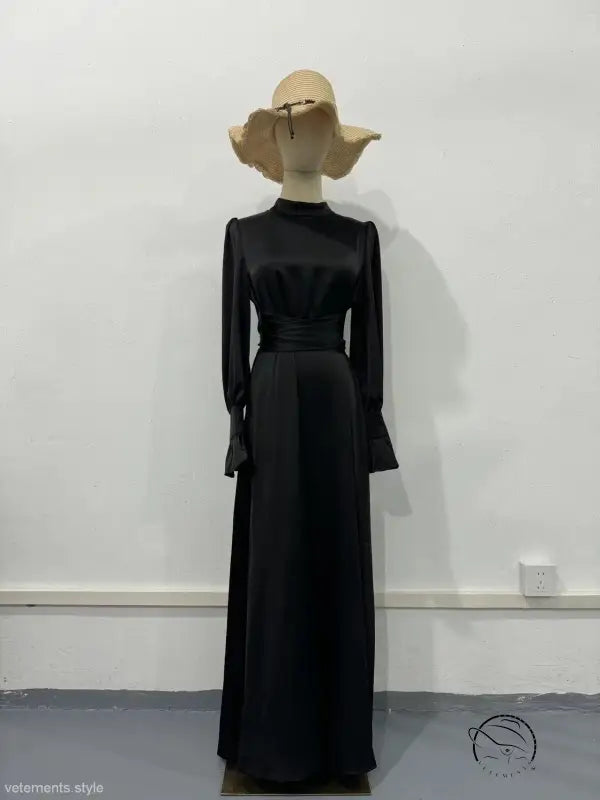 Elegant Puff Sleeve Ruffled Maxi Dress with Belted Mock Neck on mannequin, showcasing style